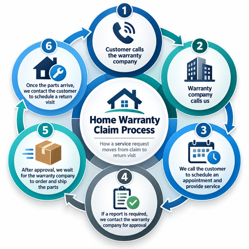 Six-step home warranty claim process: the homeowner files a claim, the warranty company assigns Reliance Home Comfort, we schedule a visit and diagnose the problem, we submit the findings for approval, the warranty company orders the parts, and we return to complete the repair.