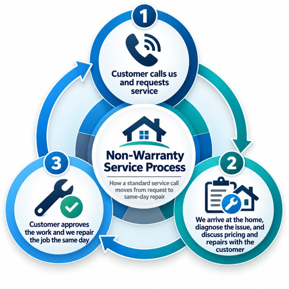 Three-step non-warranty service process: the homeowner calls Reliance Home Comfort directly, we arrive and diagnose the issue and discuss pricing, and we complete the repair the same day once the customer approves.